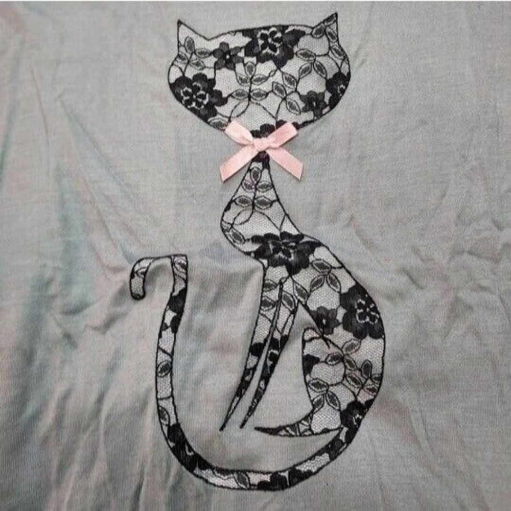 Vintage French Kitty by Mighty Fine Womens Top, Grey, Black Lace Cat, Small